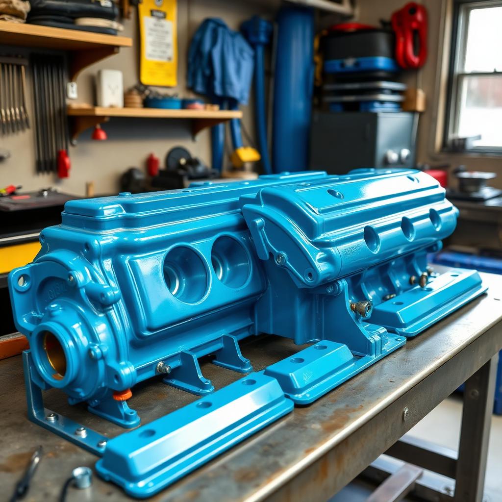 Engine components powder coated in candy blue on a workbench