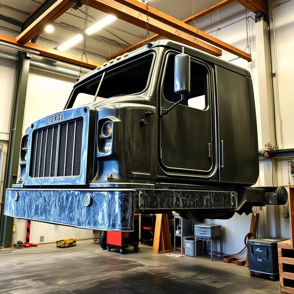 Truck body and frame prepared for powder coating in the shop