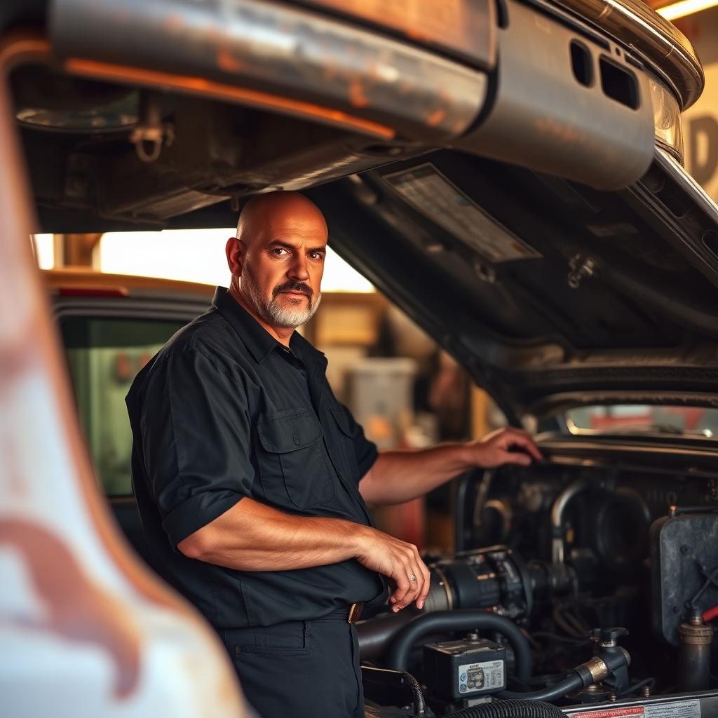 Mechanic working under the hood of a pickup truck