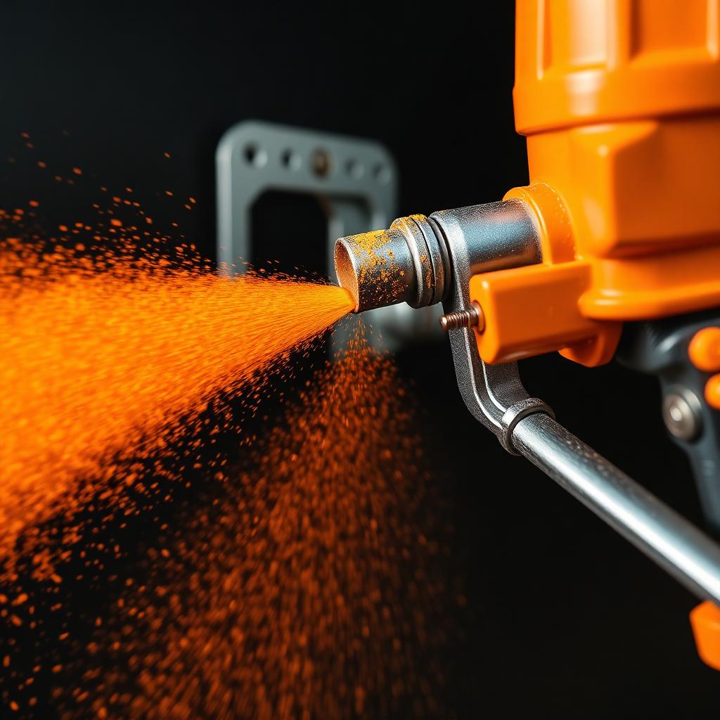 Powder coating gun spraying orange powder onto a steel bracket