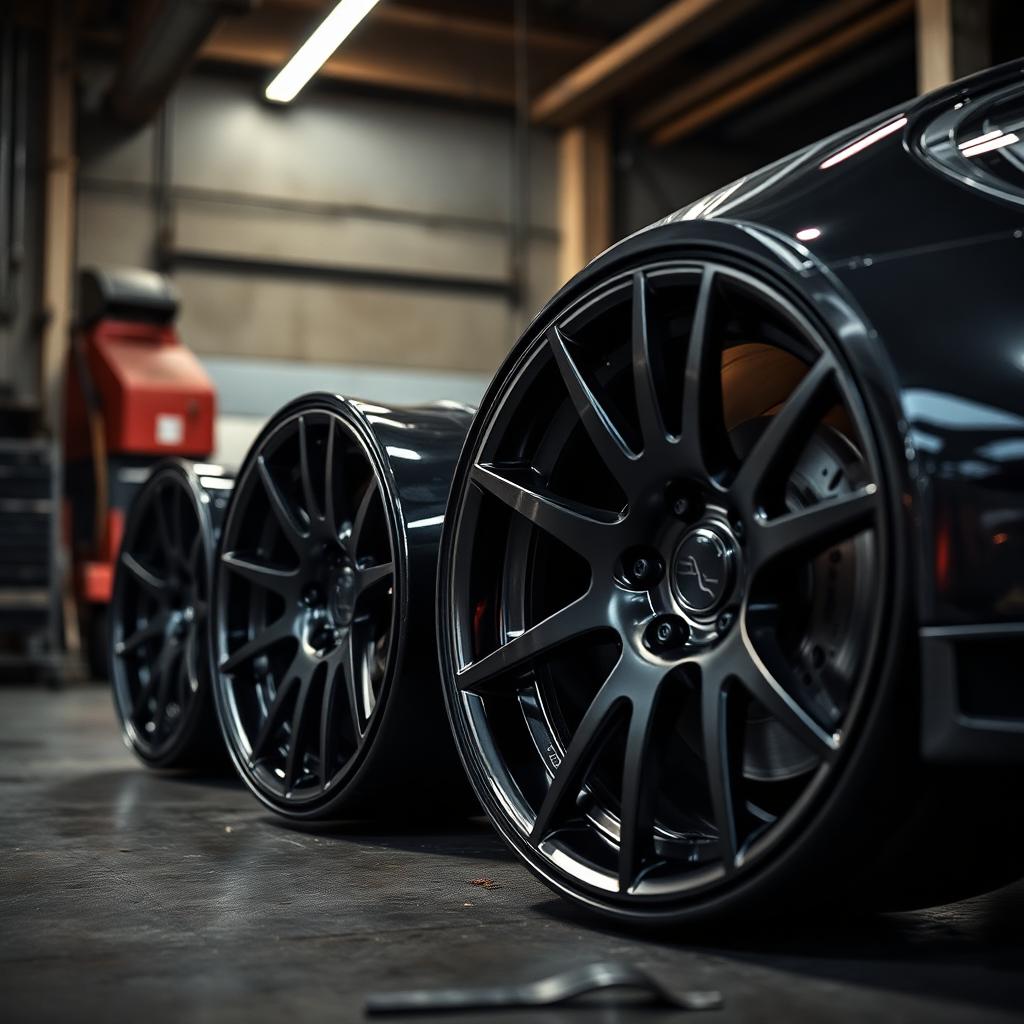 Set of gloss black powder coated alloy wheels in the shop